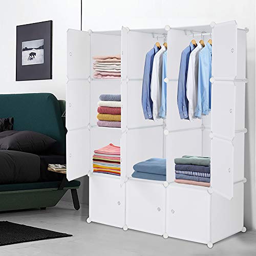 Cube Storage Organizer, Set of 16/20 Plastic Cubes, Closet Storage Shelves, DIY Plastic Closet Cabinet, Modular Bookcase, Storage Shelving with Doors for Bedroom, Living Room (12 Cube,White)
