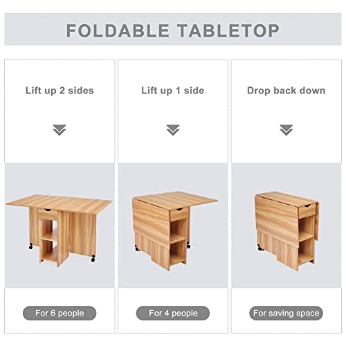 Mondeer Folding Dining Table with Drawer and Shelves, Red Oak | Drop Leaf Kitchen Table with 1 Drawer and 2 Storage Shelves in Modern Style for Small Spaces and Seats 4-6 People. - color: Red Oak