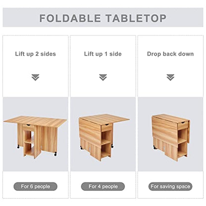 Mondeer Folding Dining Table with Drawer and Shelves, Red Oak | Drop Leaf Kitchen Table with 1 Drawer and 2 Storage Shelves in Modern Style for Small Spaces and Seats 4-6 People. - color: Red Oak