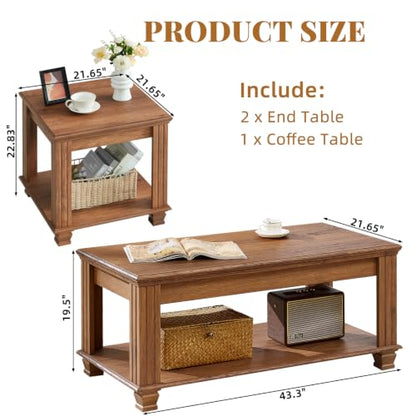 Farmhouse Coffee Table Set of 3, Brown | Rustic Wood 3 Piece Coffee and End Table Sets with Open Shelf for Living Room - color: Brown