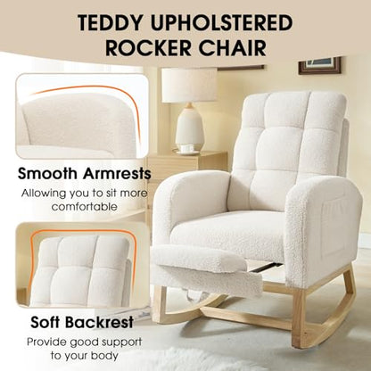 NIOIIKIT Modern Nursery Rocking Chair, Teddy Upholstered Rocking Chair with Footrest, Comfortable Rocker Chair with Side Pocket, Rocker Chair for Living Room, Bedroom, Nursing Room (White) - color: White