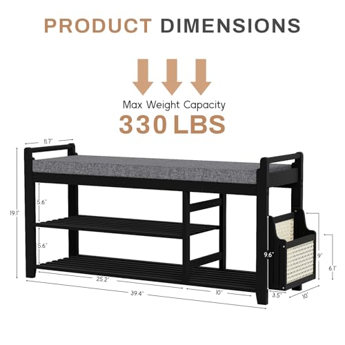 Homaxy 2-Tier Shoe Rack Bench, 39.4 in, Black and Dark Grey | Bamboo Entryway Bench, with Side Holder, Shoe Rack Organizer with Cushion for Front Entrance, Hallway Living Room Bedroom - color: Black and Dark Grey, size: 39.4 in