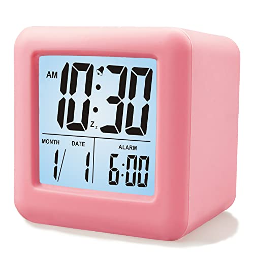 Plumeet Digital Alarm Clock Kids Clock with Snooze and White Nightlight - Easy Setting Travel Alarm Clocks Display Time, Date, Alarm - Ascending Sound - Battery Powered (Baby Pink) - color: Baby Pink