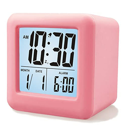 Plumeet Digital Alarm Clock Kids Clock with Snooze and White Nightlight - Easy Setting Travel Alarm Clocks Display Time, Date, Alarm - Ascending Sound - Battery Powered (Baby Pink) - color: Baby Pink