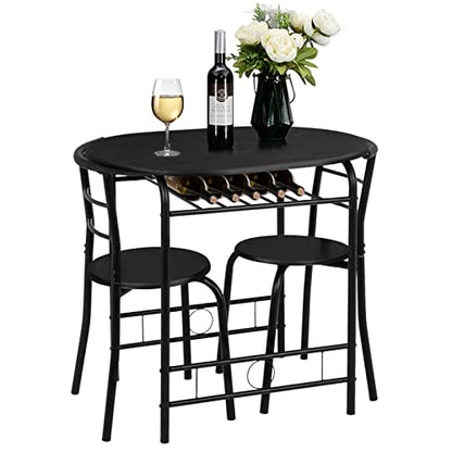 VINGLI 3 Piece Dining Set,Small Kitchen Table Set for 2,Breakfast Table Set,Kitchen Wooden Table and 2 Chairs for Small Space/Dining Room/Apartment,Metal Frame,Wine Rack,Black - color: Black