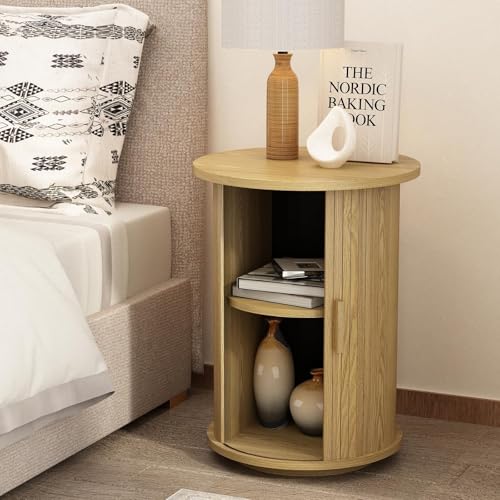 Wnutrees Round Fluted End Table, Small Accent Pedestal Side Table with Sliding Door & 2 Tier Storage Shelf, Wood Fluted Nightstand Bedside Table for Living Room, Bedroom, Natural
