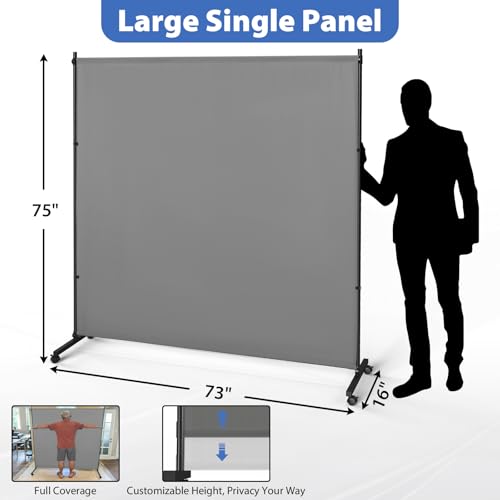 Large Single Panel Room Divider, 73" x 75" Freestanding Privacy Screen with Wheels, Thickened Fabric Partition Wall for Room Separation, Portable Room Separator for Indoor Office, Bedroom,Patio - color: Grey