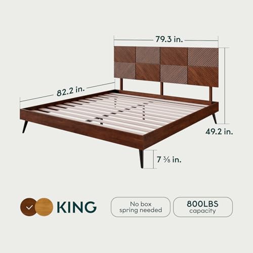 Bme Rhombus King Bed Frame – Solid Rubber Wood with Geometric Rhombus Headboard, Walnut Finish, Scandinavian Modern Platform Bed with Sturdy Slats & Metal Legs, No Box Spring Needed - color: Walnut, size: King, style: Scandinavian