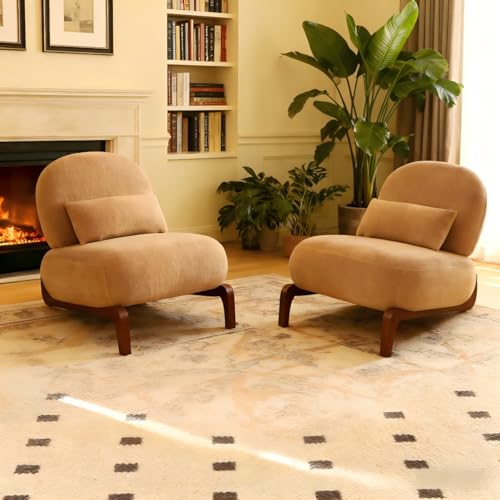 Modern Velvet Armless Accent Chair with Solid Wood Legs, Upholstered Single Lounge Chair, Comfy Reading Chair for Living Room, Bedroom & Reading Nook (Camel + Fabric, 2 Pack, Solid Wood) - color: Camel + Fabric, size: 2 Pack