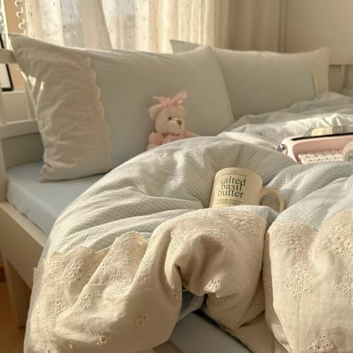 MKXI Blue Gingham Duvet Cover Set Twin XL Size - Delicate White Lace Trimmed Soft Washed Microfiber Bedding Set, Vintage Cottagecore Style for Girls & Teens, 3-Piece with Zipper Closure - color: 000 Lace- Blue Gingham, size: Twin XL