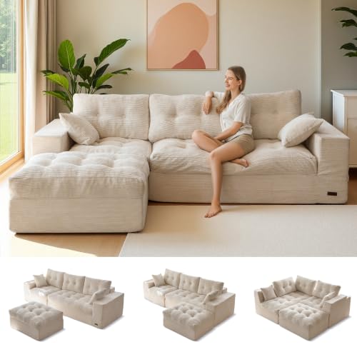 MAXYOYO Boneless Couch, 96-Inch L-Shaped Cloud Couch with Ottoman | Beige Layered Cushioning and Flexible Modules Create an Upholstered Sofa in a Box with No Assembly for Spacious Living Rooms. - color: Beige, size: 96" L Shape