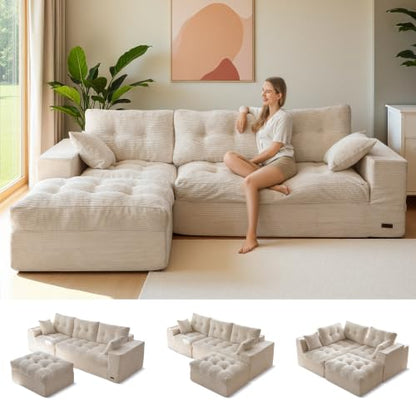 MAXYOYO Boneless Couch, 96-Inch L-Shaped Cloud Couch with Ottoman | Beige Layered Cushioning and Flexible Modules Create an Upholstered Sofa in a Box with No Assembly for Spacious Living Rooms. - color: Beige, size: 96" L Shape