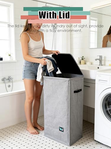 WTREE Laundry Hamper with Lid, Reinforced Sturdy Clothes Hamper with Anti-Puncture Base, Large Collapsible Laundry Basket with Removable Liner Bag, Tall Dirty Clothes Bin for Family, 100L Grey - color: Grey