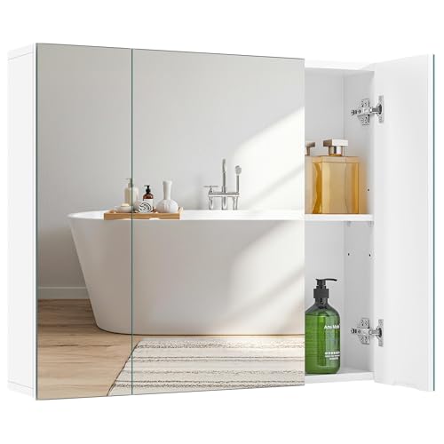 Yaheetech 28" White Bathroom Medicine Cabinet with 3 Frameless Mirror Doors | Bathroom Mirror with Storage, 28" x 24" x 6" MDF Wall Cabinet, Adjustable Shelf, Soft-Close Glass Doors, Frees Up Counters - style: 3 Doors