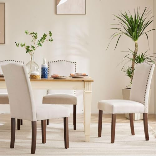 Kitchen Chairs Set of 6 Modern Upholstered Fabric Seat with Nailhead Trim and Ergonomic Lumbar Support for Living Room and Rustic Farmhouse Dining Area, Beige - color: Ivory, style: set of 6