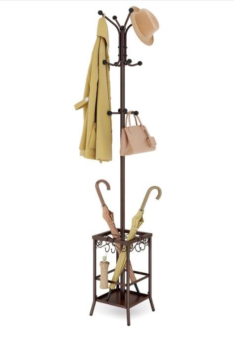 Hoctieon Coat Rack Freestanding, Coat Tree with Umbrella Holder | Metal Coat Rack Stand with 12 Hooks, Standing Coat Hanger Stand, Umbrella Stand for Entryway, Hat Rack Stand for Home Office - color: Brown