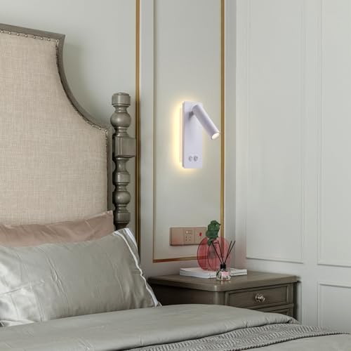 Dimmable Wall Lamps Wall Mounted Reading Lights for Book at Night, Plug in Hardwire 2 in 1 Sconces, 6W Night Light & 3W Headboard Lights, Adjustable Wall Sconces for Study Bedside Closet Dorm (White)