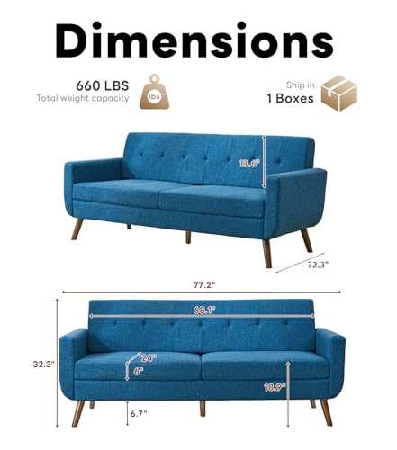 Tbfit 77.2" W Linen Sofa Couch, Mid Century Modern Decor Loveseat Couches for Living Room, Button Tufted Upholstered Small Couch for Bedroom, Solid, and Easy to Install Love Seats Furniture, Blue - color: Blue, size: 78 inch