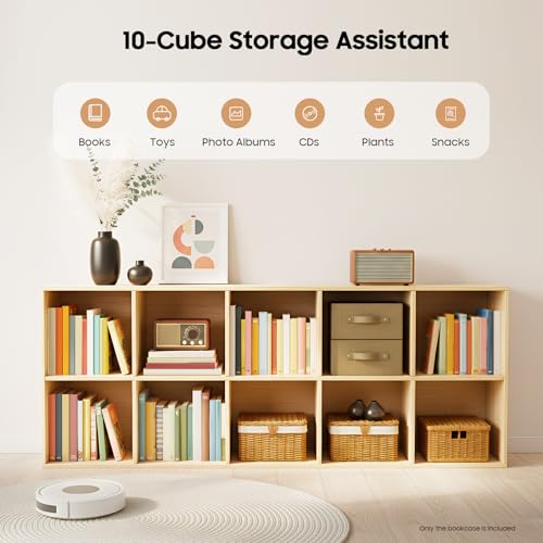 10 Cube Solid Wood Bookcase, Open Bookshelf with Back Panel, Floor Standing Storage Organizer, Vertical or Horizontal for Living Room Office - size: 10-Cube
