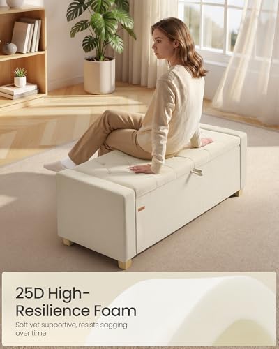SONGMICS Storage Ottoman, Storage Chest Bench with Legs, End of Bed Bench with Safety Hinges, Pull Tab, for Living Room, Bedroom, 19.7 x 47.6 x 16.5 Inches, Linen-Look Fabric, Summer Sand ULOM511LF01 | Foot Rest with Legs, 19.7 x 47.6 x 16.5 Inches, End o