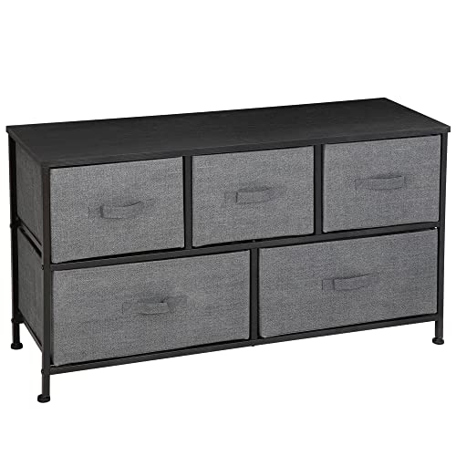 ZENY Extra Wide Dresser Storage Tower - Storage Tower Unit for Bedroom, Hallway, Closet, Office Organization - Steel Frame, Wood Top, Easy Pull Fabric Bins - 5 Drawers - color: Black Grey