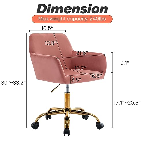 Velvet Makeup Vanity Chair,Home Office Desk Chair with Wheels, Rose | Fluffy Swivel Modern Armchair Upholstered Fuzzy Height Adjustable for Teens Women Girls Elegant for Living Room Bedroom - color: Rose
