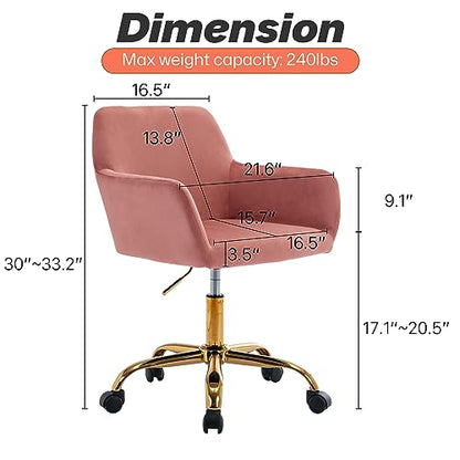 Velvet Makeup Vanity Chair,Home Office Desk Chair with Wheels, Rose | Fluffy Swivel Modern Armchair Upholstered Fuzzy Height Adjustable for Teens Women Girls Elegant for Living Room Bedroom - color: Rose