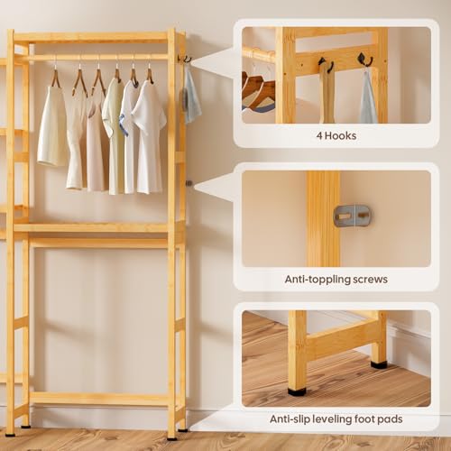 Cozivolife Over The Washer Dryer Storage Shelf: Bamboo 5 Tiers (Natural) | Laundry Room Drying Rack with Adjustable Shelves and 4 Hooks - Space Saver Organizer for Hanging Clothes and Towels - color: Natural