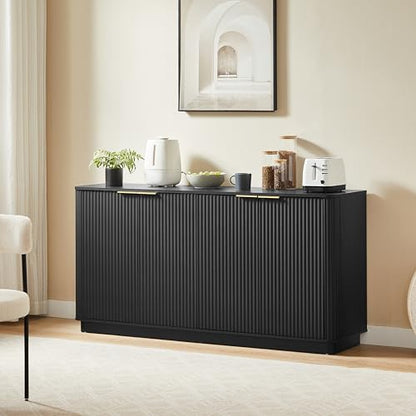 Modern 63 inch TV Stand, Black Media Console with Storage Cabinets and Vertical Stripe Design for Living Room, Curved Entertainment Center with Gold Handles for Bedroom and Hallway, Black-B - color: Black-b