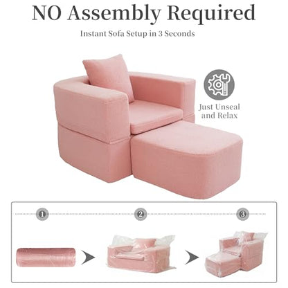 40" Pull Out Couch,2 in 1 Sleeper Sofa Bed,Convertible Sleeper Chair with Pillow Foldable Mattress with Back Support,Teddy Fleece,Pink - color: Pink