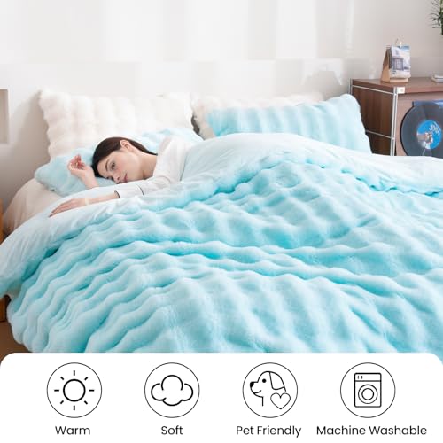 Fluffy Blue Duvet Cover Twin Set, Soft Shaggy Plush Rabbit Bedding Set 2 Pieces (1 Fuzzy Comforter Cover + 1 Faux Fur Pillow Cases) Zipper Closure（Blue, Twin） - color: Blue, size: Twin
