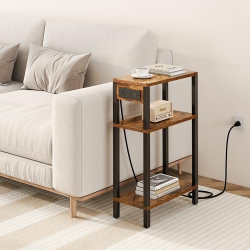 TUTOTAK Narrow Side Table, 3-Tier Small End Table with Charging Station | Skinny Sofa Table, Slim Nightstand, Easy Assembly for Living Room, Bedroom, Brown TB01BB079 - color: Brown, size: 3-tier