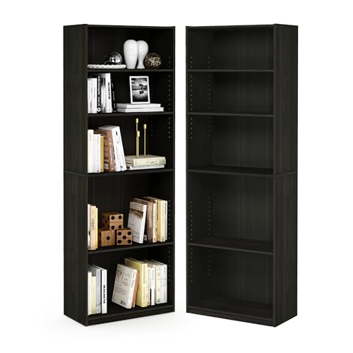 Furinno Jaya Book Shelf Set of 2, 5-Tier Bookshelf, Bookcase, with Adjustable Shelf, 9.5 x 24.5 x 71, for Home Office, Living Room, Espresso - color: Espresso, size: Set of 2, 5-Tier