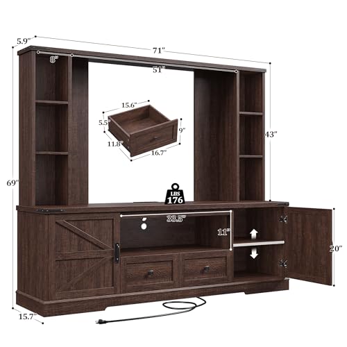 EnHomee Farmhouse Entertainment Center for 60" TV with LED & Power Outlets | Tall TV Console Wood TV Stand with Storage Shelves,Bookshelf for Living Room, Bedroom, Brown - color: Rustic Brown