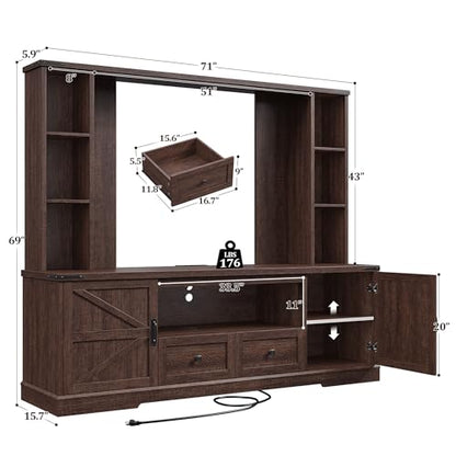 EnHomee Farmhouse Entertainment Center for 60" TV with LED & Power Outlets | Tall TV Console Wood TV Stand with Storage Shelves,Bookshelf for Living Room, Bedroom, Brown - color: Rustic Brown