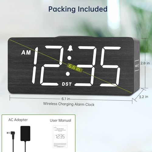 DreamSky Wooden Digital Alarm Clock with Wireless Charging for Bedroom | Bedside Nightstand Clock with Charger Station, USB Port, Large Numbers, Adjustable Volume, Brightness Dimmer, DST - color: Black