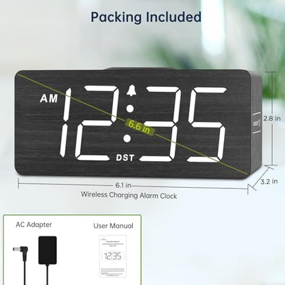 DreamSky Wooden Digital Alarm Clock with Wireless Charging for Bedroom | Bedside Nightstand Clock with Charger Station, USB Port, Large Numbers, Adjustable Volume, Brightness Dimmer, DST - color: Black