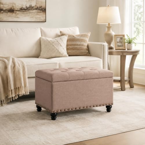 Ottoman with Storage, Fabric Ottoman Foot Rest 24" Rectangle Tufted Foot Stools Ottomans with Hinged Lid Upholstered Button Ottomans for Bedroom Living Room Entryway, Taupe - color: A-taupe