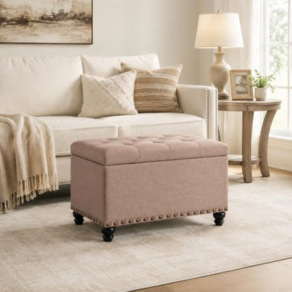 Ottoman with Storage, Fabric Ottoman Foot Rest 24" Rectangle Tufted Foot Stools Ottomans with Hinged Lid Upholstered Button Ottomans for Bedroom Living Room Entryway, Taupe - color: A-taupe