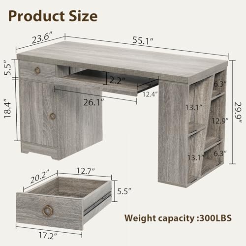 HSH 55" Modern Office Desk, Farmhouse Grey Computer Desk with Keyboard Tray | Wooden Executive Computer Table Teacher Desks with Storage Drawers Shelves and Cabinet for Home Writing Work Study - color: Light Grey Oak