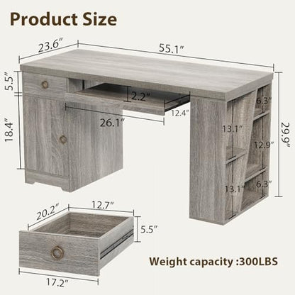 HSH 55" Modern Office Desk, Farmhouse Grey Computer Desk with Keyboard Tray | Wooden Executive Computer Table Teacher Desks with Storage Drawers Shelves and Cabinet for Home Writing Work Study - color: Light Grey Oak