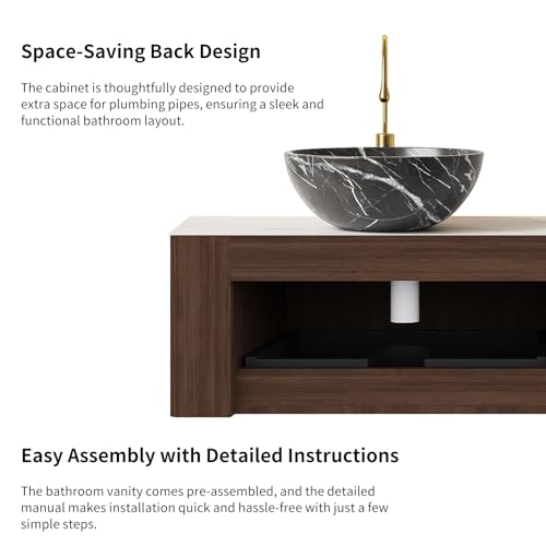 36” Floating Bathroom Vanity with Sink, Fluted Wall-Mounted Solid Wood Cabinet, Black Marble-Patterned Bowl Basin, Faux Marble Top, Soft-Close Drawer, Pre-Assembled, Walnut Woodgrain - color: 05 - Walnut Woodgrain, size: 36"