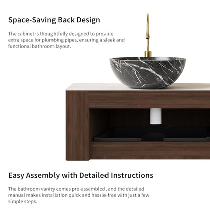 36” Floating Bathroom Vanity with Sink, Fluted Wall-Mounted Solid Wood Cabinet, Black Marble-Patterned Bowl Basin, Faux Marble Top, Soft-Close Drawer, Pre-Assembled, Walnut Woodgrain - color: 05 - Walnut Woodgrain, size: 36"
