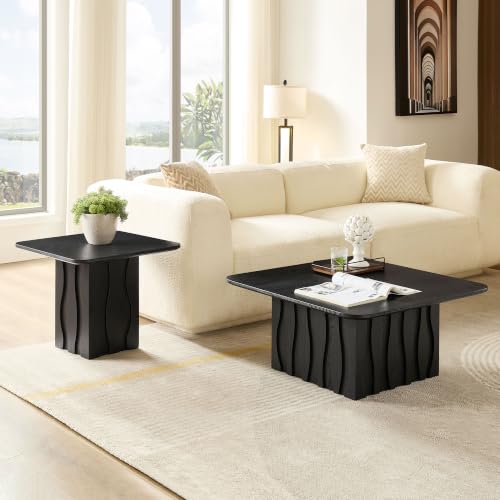 Nesting Coffee Table Set of 2 with Wavy Fluted Base, Black | 31.5" & 21.65", 2PCS Center Tables, Square Tea Table, Easy to Assemble, Mid-Century Modern, for Living Room Office - color: 31.5" & 21.65" - Black