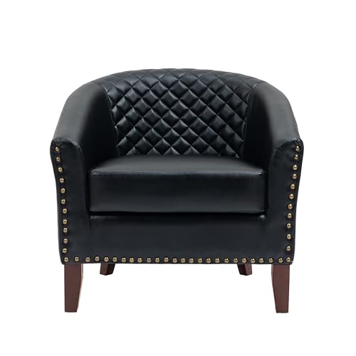 Faux Leather Accent Chair, Modern Barrel Club Chair, Black | Comfy Upholstered Armchair for Living Room, Round Club Chair Single Sofa Bedroom Reading Seat | 26"D*29"W*29"H - color: Black