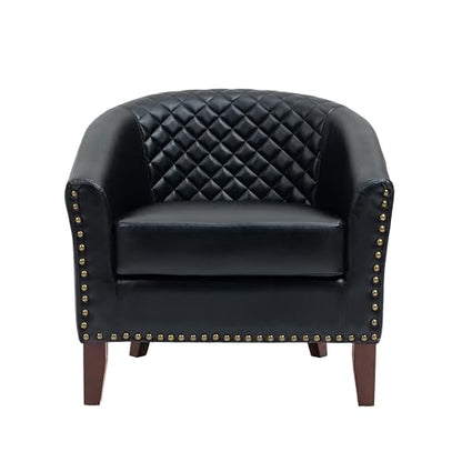 Faux Leather Accent Chair, Modern Barrel Club Chair, Black | Comfy Upholstered Armchair for Living Room, Round Club Chair Single Sofa Bedroom Reading Seat | 26"D*29"W*29"H - color: Black