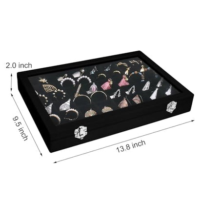 Siveit Velvet Jewelry Tray 48 Grid Jewelry Display Tray Organizer Box with Transparent Lid Rings Earrings Necklaces Pendants Display Box Suitable for Women and Girls (Black) - color: Black