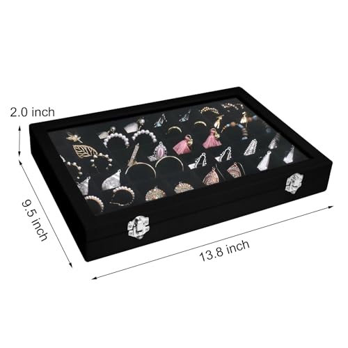 Siveit Velvet Jewelry Tray 48 Grid Jewelry Display Tray Organizer Box with Transparent Lid Rings Earrings Necklaces Pendants Display Box Suitable for Women and Girls (Black) - color: Black