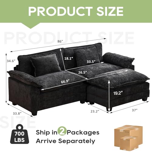 86" Modular Sectional Sofa, Comfy Deep Cloud Couch with Ottoman | L-Shaped Couches for Living Room, Modular Couch, Deep and Wide Seat, Chenille Sofa Sleeper with Throw Pillows, Black - color: Black, size: 86 Inch L