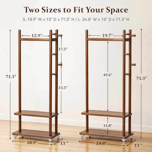 Coat Rack Freestanding Wood Garment Rack 2 Shelves 5 Hooks | Bedroom hallway entryway living room hotel, durable wood construction, mobile wheel design, coats clothes bags storage - size: Walnut-S :18.9''L×13''W×71''H (With Wheels）